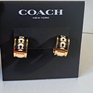 Coach Signature Enamel Huggie Earrings in Gold & Black NWT